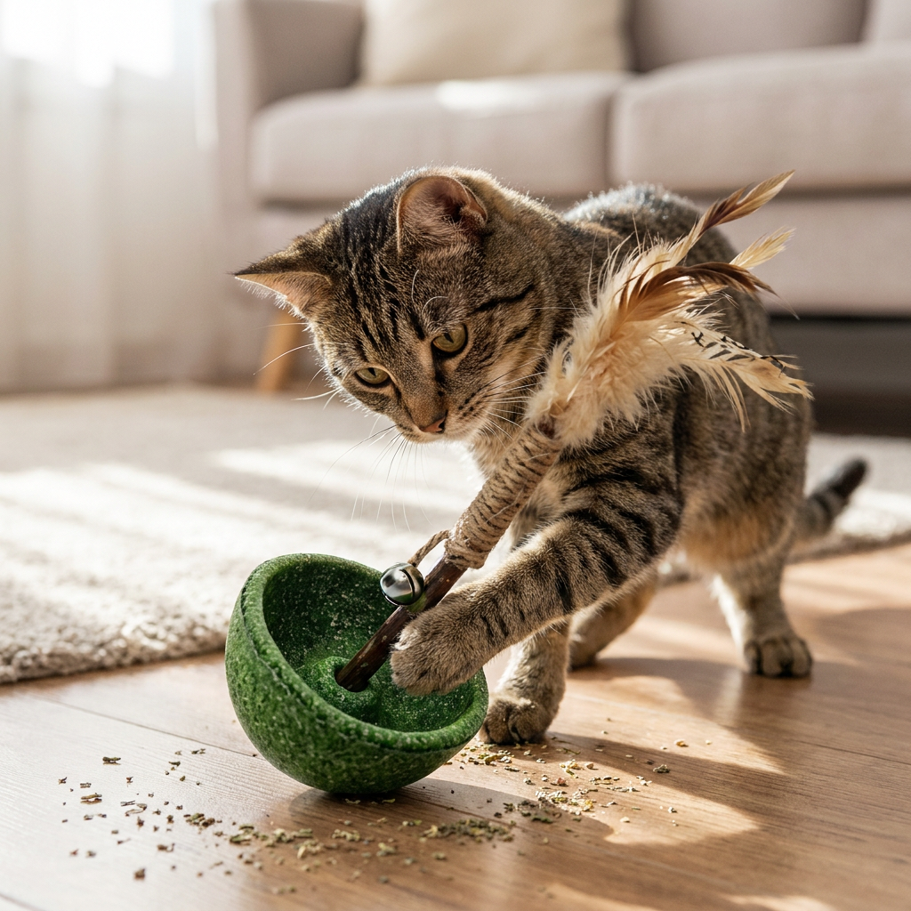 Teeth Cleaning Catnip Tumbler Cat Toy – Interactive Feather Teaser with Bell