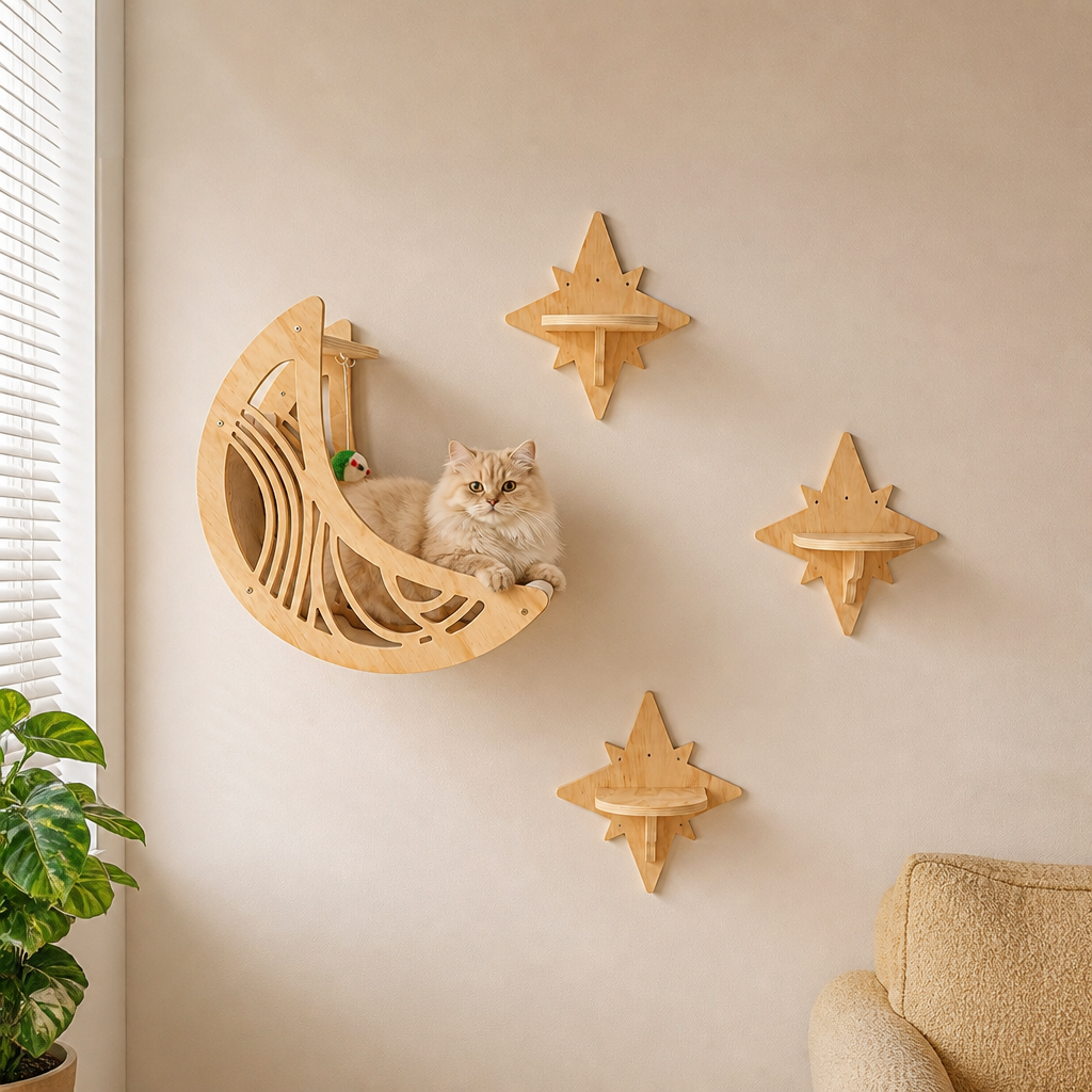 Modern Wooden Moon & Star Wall-Mounted Cat Climbing Shelves & Bed Set
