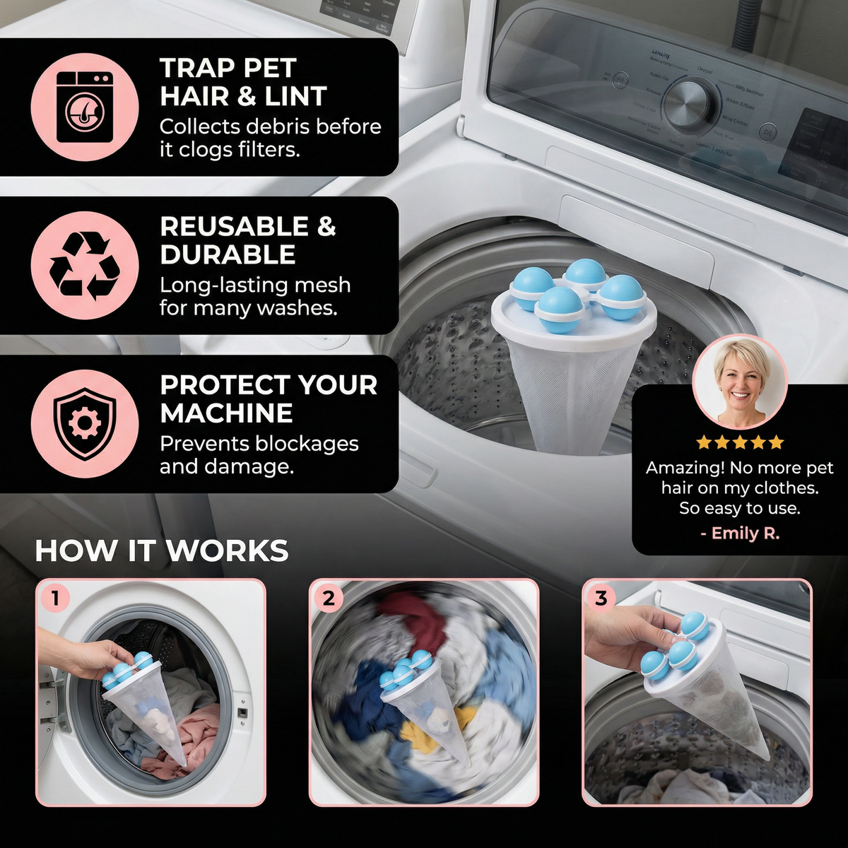 Pet Hair Laundry Filter for Washing Machines – Reusable Catcher Bag