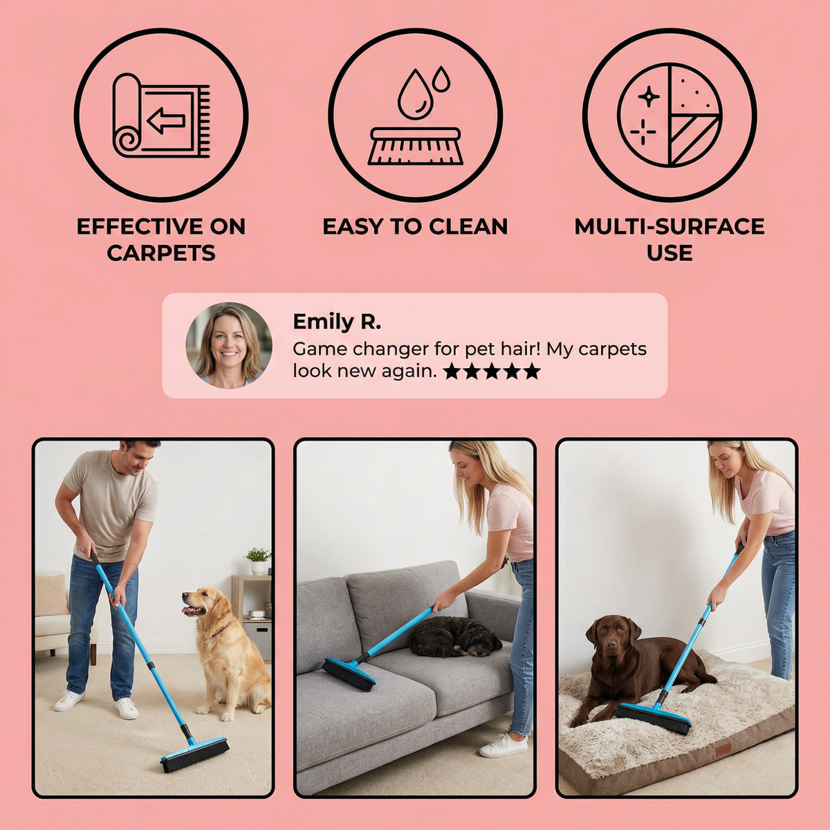 Telescopic Pet Hair Removal Broom – Multi-Surface Cleaner for Carpet, Sofa & Dog Bed