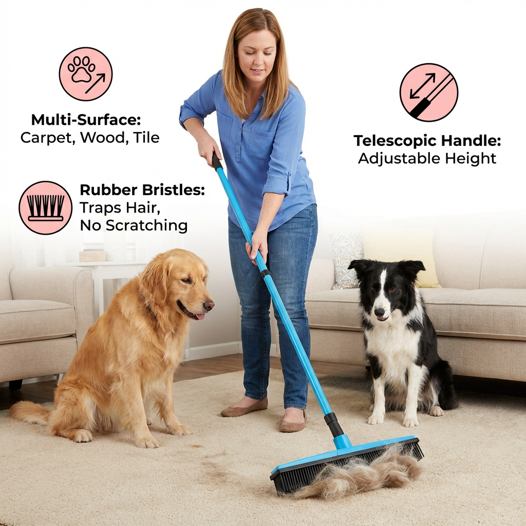 Telescopic Pet Hair Removal Broom – Multi-Surface Cleaner for Carpet, Sofa & Dog Bed