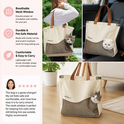 Breathable Canvas Cat Carrier Tote Bag with Mesh Window