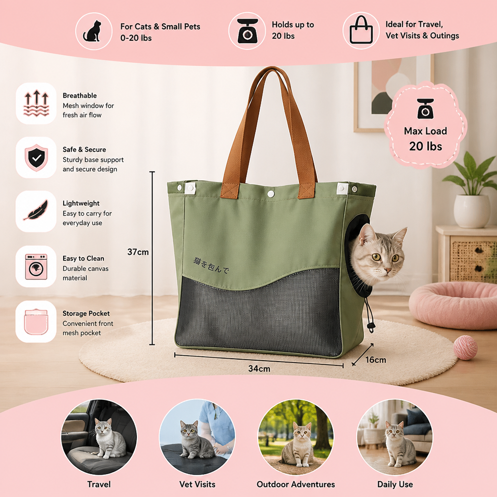 Breathable Canvas Cat Carrier Tote Bag with Mesh Window