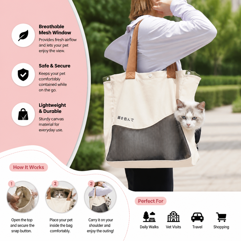 Breathable Canvas Cat Carrier Tote Bag with Mesh Window