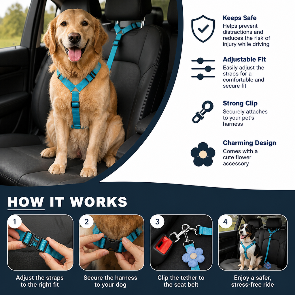 Adjustable Dog Seat Belt Harness for Safe and Comfortable Car Travel