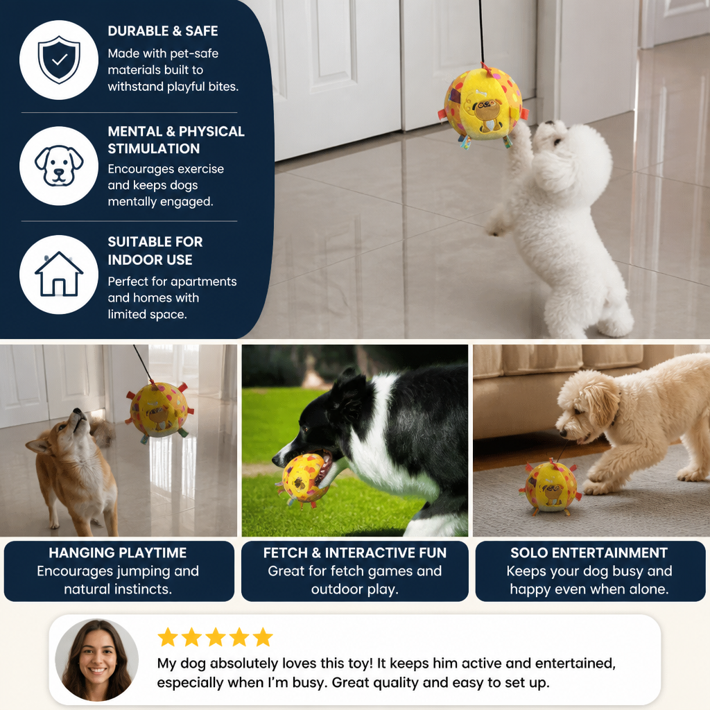 Interactive Hanging Dog Ball Toy with Elastic Play Rope & Hook