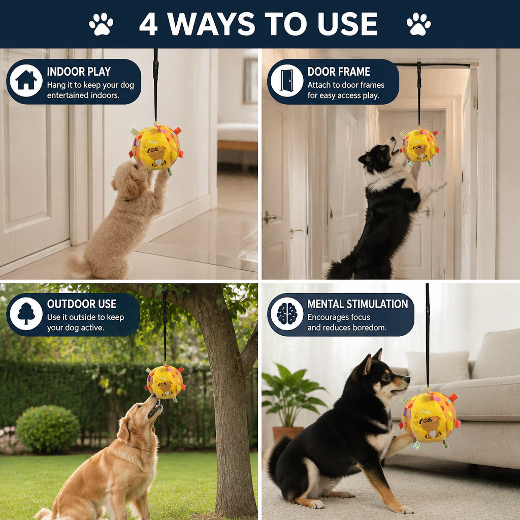 Interactive Hanging Dog Ball Toy with Elastic Play Rope & Hook