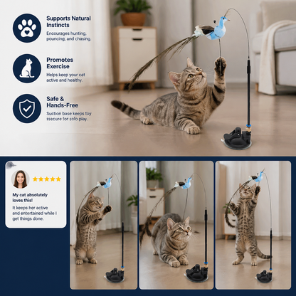 Hands-Free Interactive Cat Wand Toy with Natural Feathers & Suction Cup