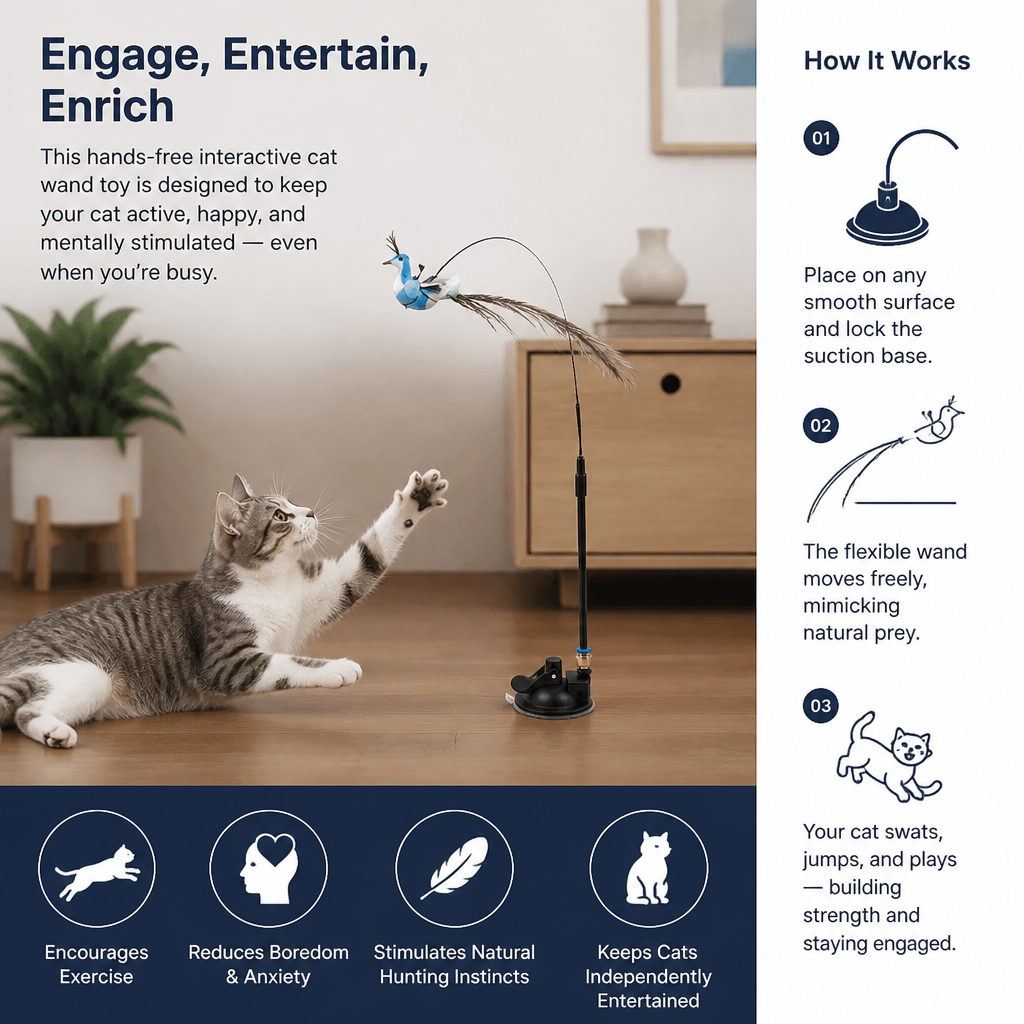 Hands-Free Interactive Cat Wand Toy with Natural Feathers & Suction Cup
