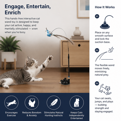 Hands-Free Interactive Cat Wand Toy with Natural Feathers & Suction Cup