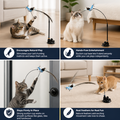 Hands-Free Interactive Cat Wand Toy with Natural Feathers & Suction Cup
