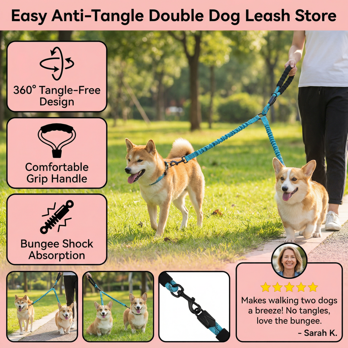 Easy Anti-Tangle Double Dog Leash