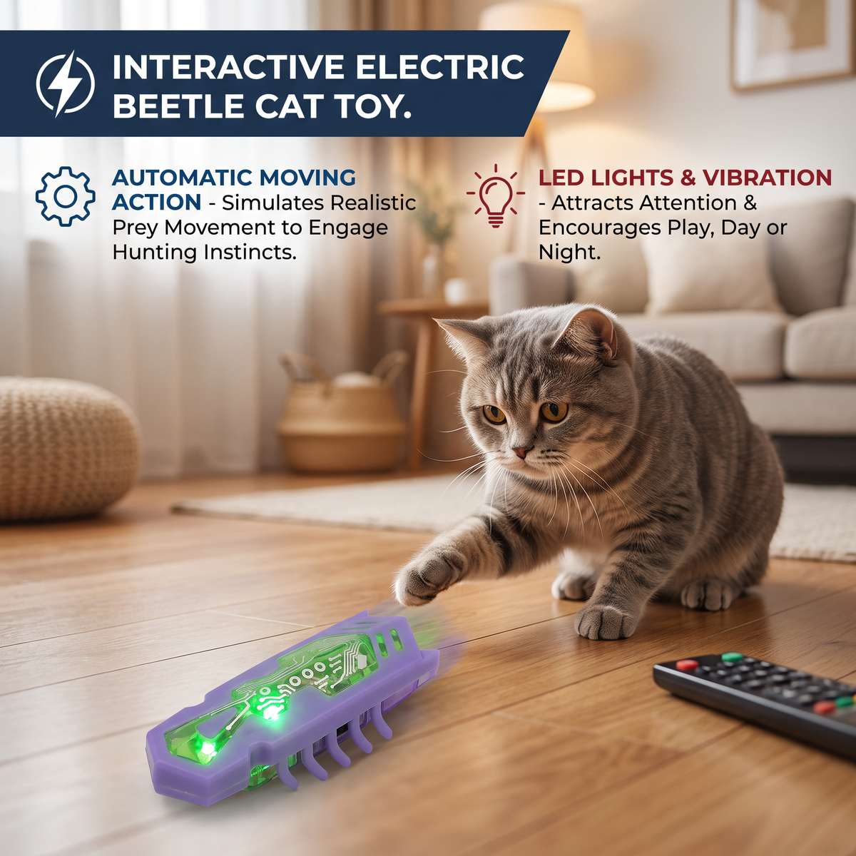 Interactive Electric Beetle Cat Toy with LED Lights and Automatic Moving Action