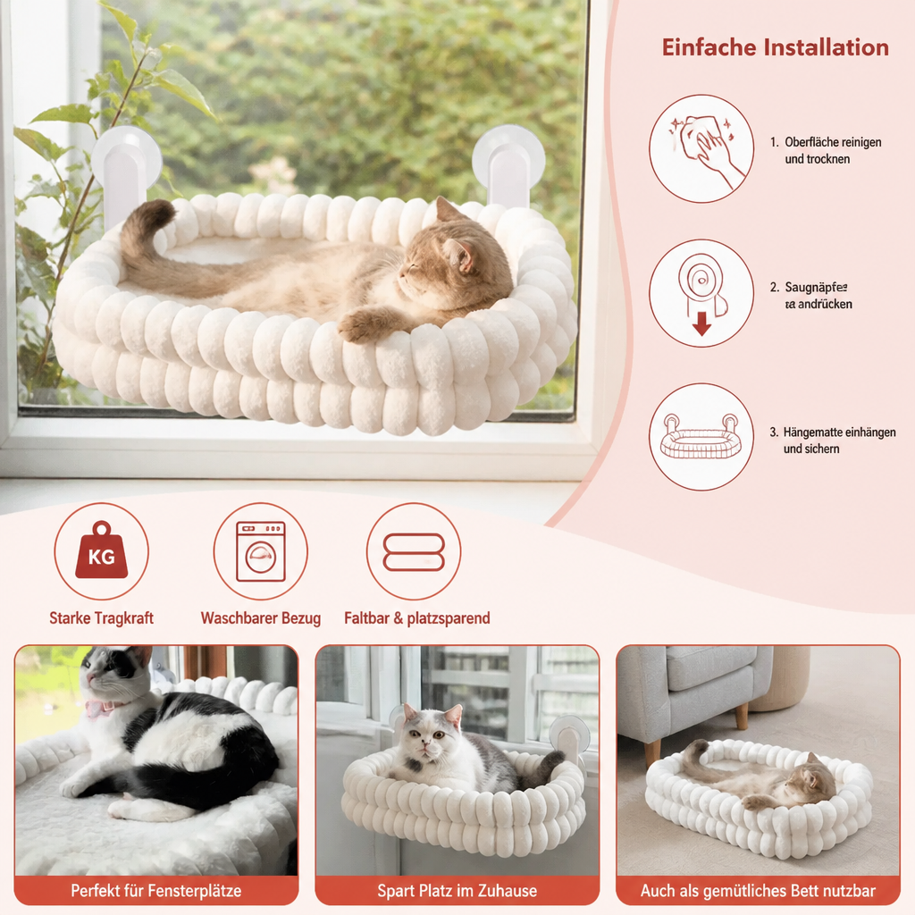 Premium Cordless Cat Window Hammock with Washable Fluffy Cover