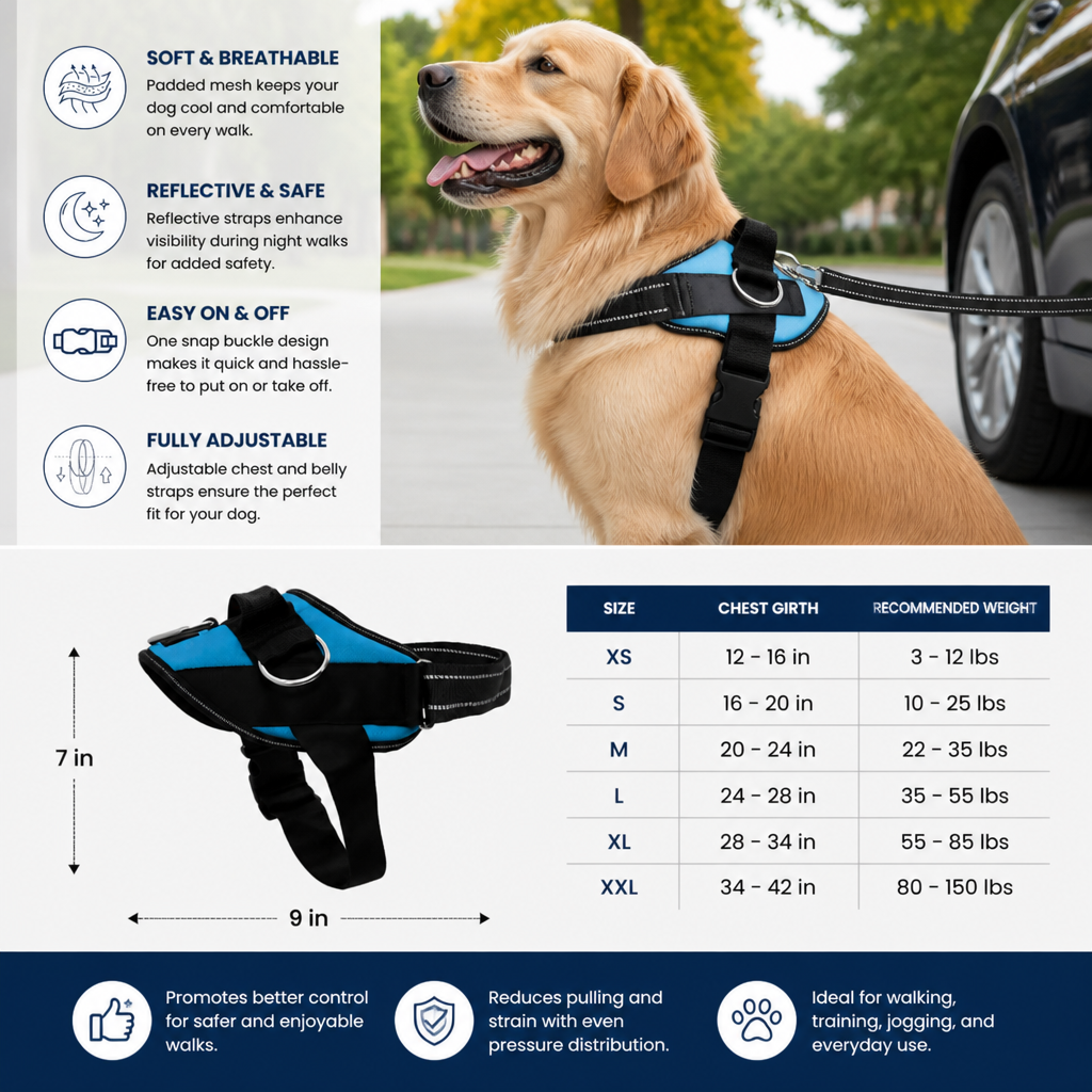 Reflective Adjustable Dog Harness with 3 Leash Clips – Padded for Walking & Training