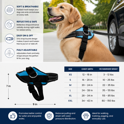 Reflective Adjustable Dog Harness with 3 Leash Clips – Padded for Walking & Training