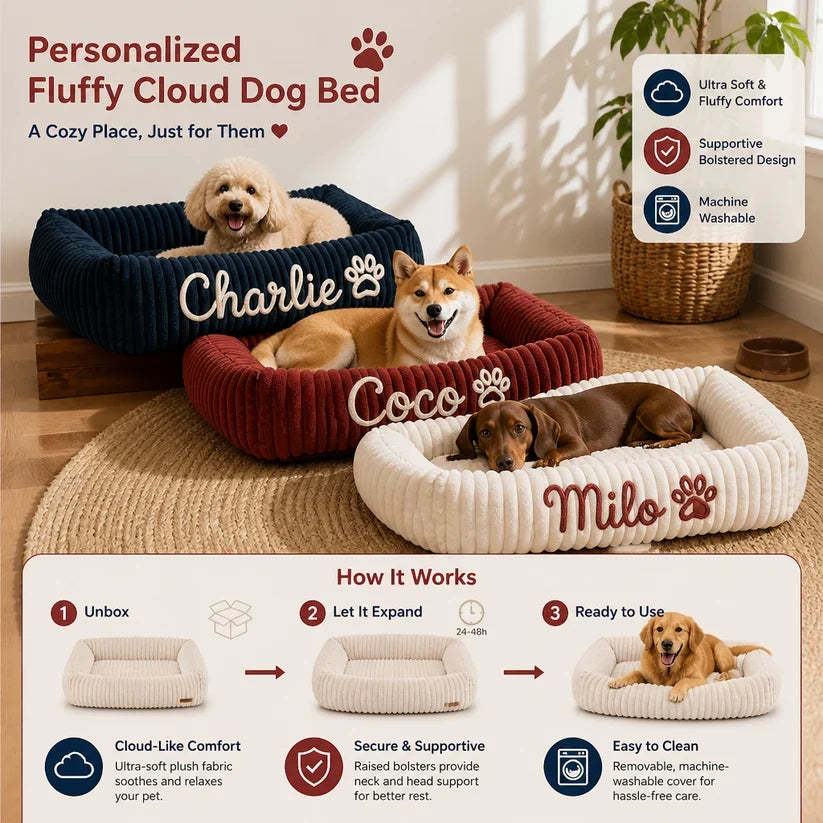 Personalized Fluffy Cloud Dog Bed with Soft Bolsters