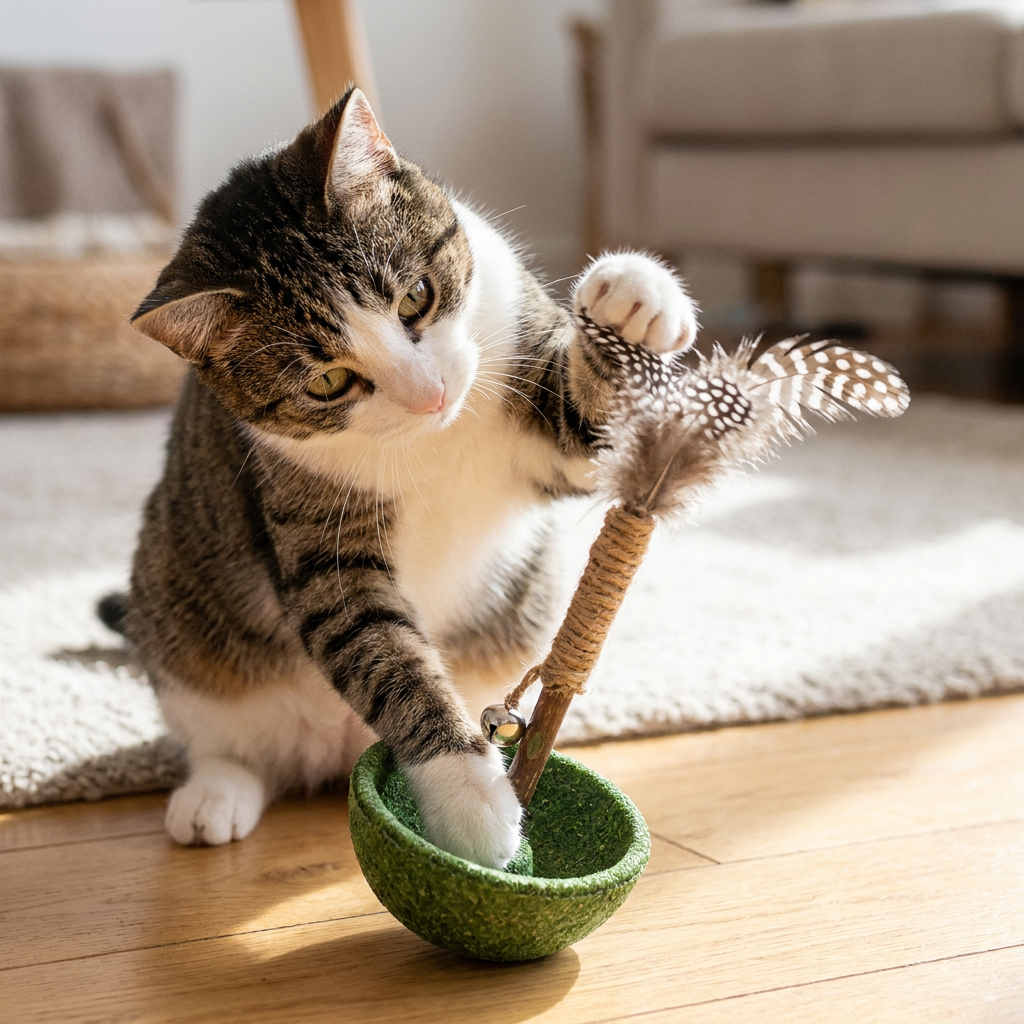 Teeth Cleaning Catnip Tumbler Cat Toy – Interactive Feather Teaser with Bell