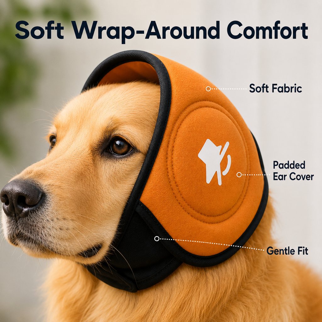Calming Dog Ear Muffs for Fireworks, Thunderstorms & Grooming - Soft Noise-Reducing Wrap to Help Ease Stress