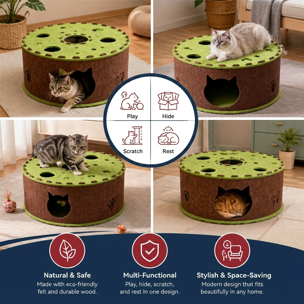4-in-1 Foldable Cat Tunnel House – Interactive Hideaway, Scratcher & Play Bed