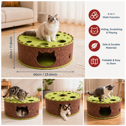 4-in-1 Foldable Cat Tunnel House – Interactive Hideaway, Scratcher & Play Bed