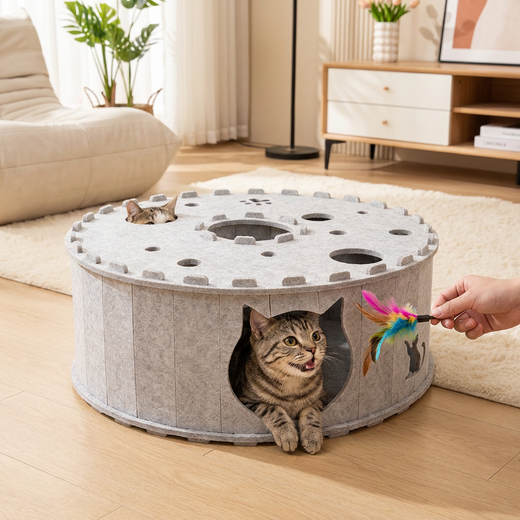 4-in-1 Foldable Cat Tunnel House – Interactive Hideaway, Scratcher & Play Bed