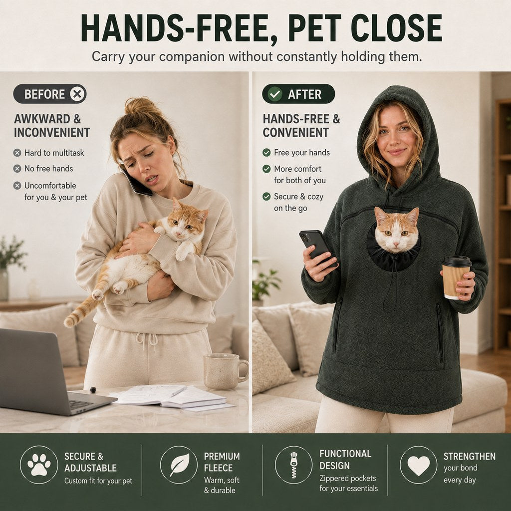 Hands-Free Pet Carrier Hoodie – Cozy Front Pouch for Cats & Small Dogs at Home & Everyday Outings