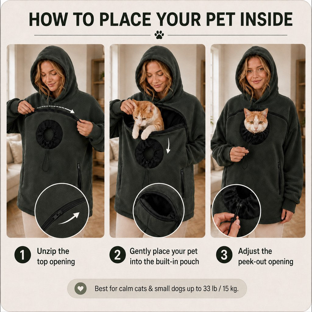 Hands-Free Pet Carrier Hoodie – Cozy Front Pouch for Cats & Small Dogs at Home & Everyday Outings