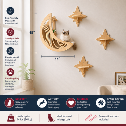 Modern Wooden Moon & Star Wall-Mounted Cat Climbing Shelves & Bed Set