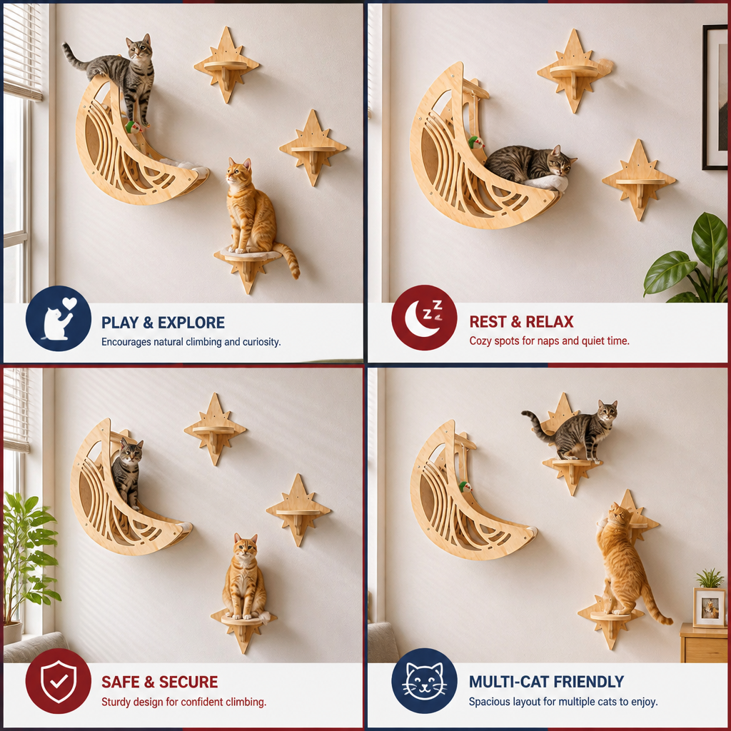 Modern Wooden Moon & Star Wall-Mounted Cat Climbing Shelves & Bed Set
