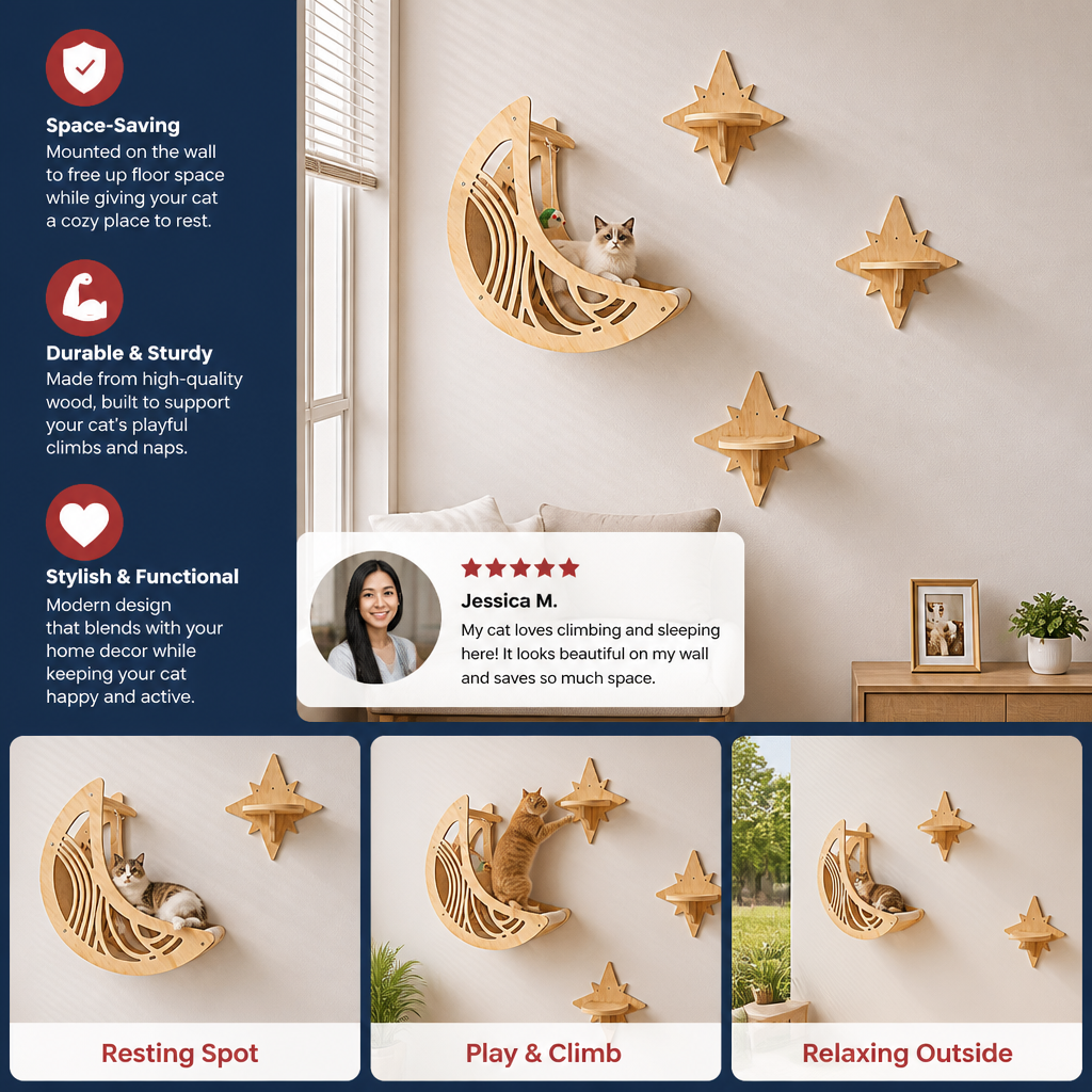 Modern Wooden Moon & Star Wall-Mounted Cat Climbing Shelves & Bed Set