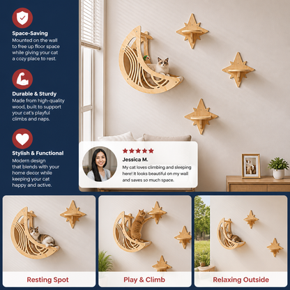 Modern Wooden Moon & Star Wall-Mounted Cat Climbing Shelves & Bed Set