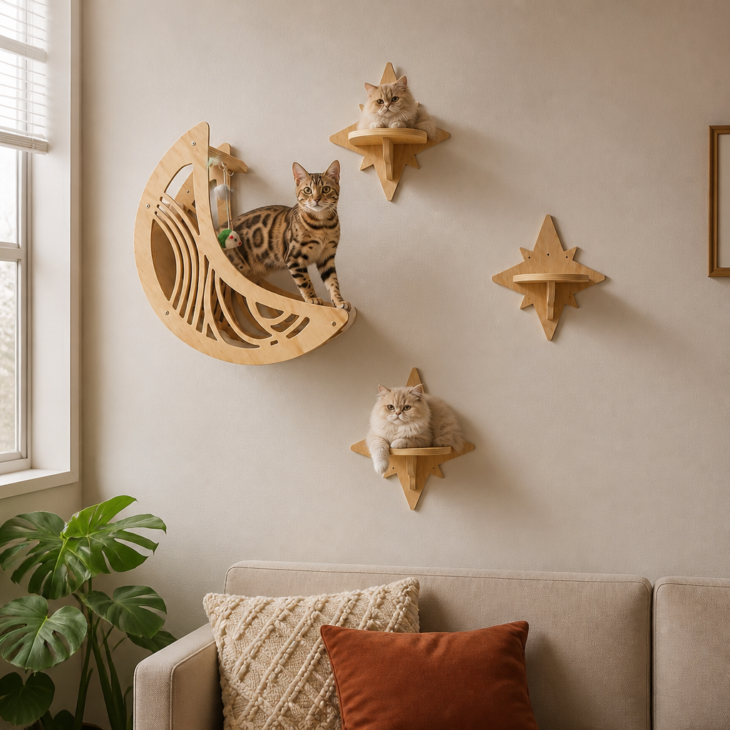 Modern Wooden Moon & Star Wall-Mounted Cat Climbing Shelves & Bed Set
