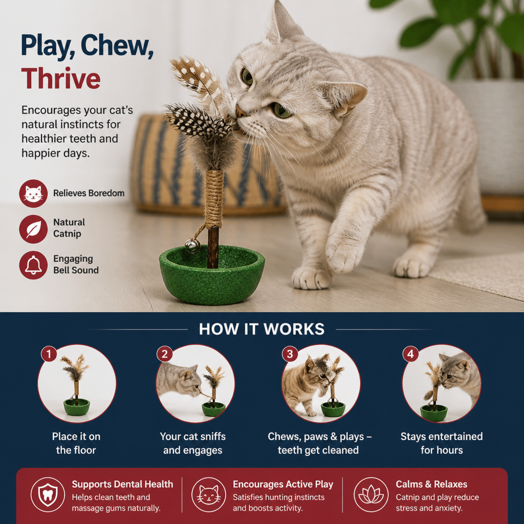 Teeth Cleaning Catnip Tumbler Cat Toy – Interactive Feather Teaser with Bell