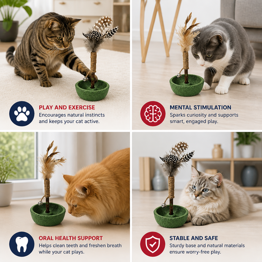 Teeth Cleaning Catnip Tumbler Cat Toy – Interactive Feather Teaser with Bell