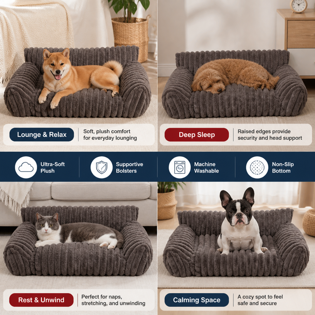 Fluffy Cloud Pet Sofa Bed with Soft Bolsters & Washable Cover